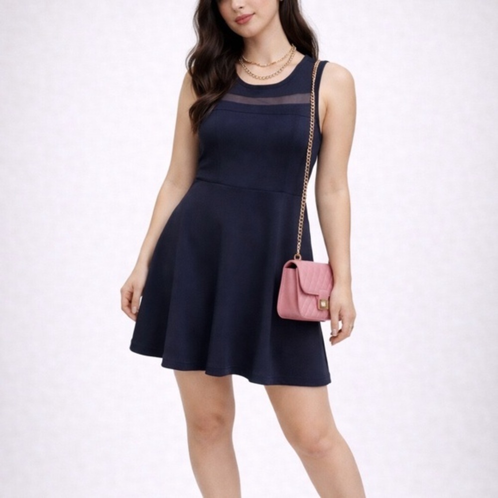 Lulus Navy Blue Sleeveless Fit & Flare Feminine Mini Dress Sheer Detail XS